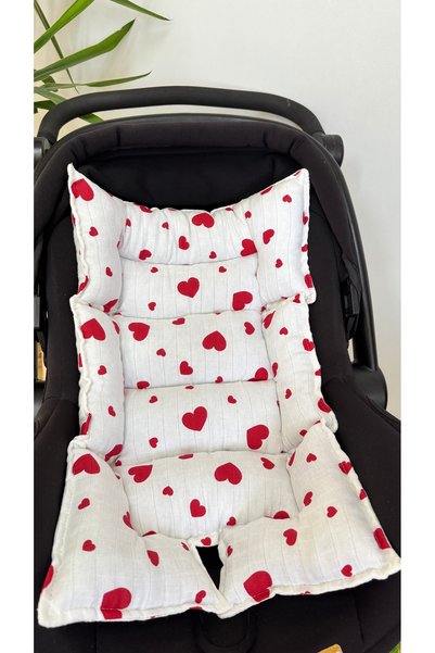 Puro Cotone 100% Cotton Double Layer Muslin Stroller Cover and Cushion Red Heart Patterned White Waffle