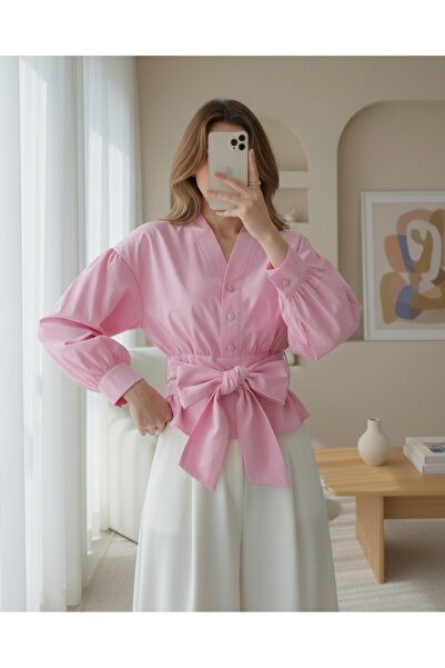 MissRunin Yarım Düğmeli Beli Kuşaklı Poplin Gömlek