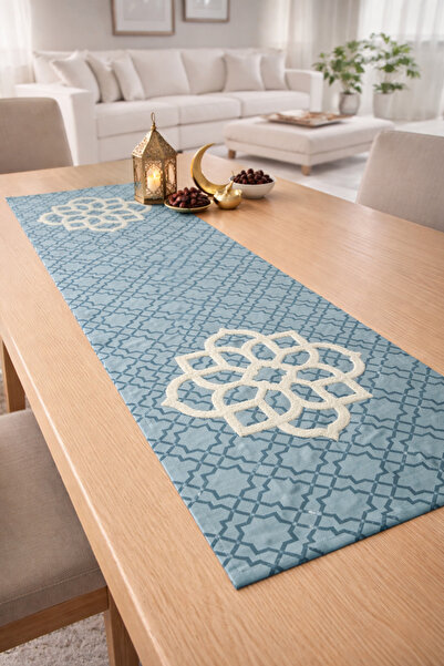 Pilloveland Runner - Punch Embroidered Runner - 40*140 cm - Petrol Blue Motif...