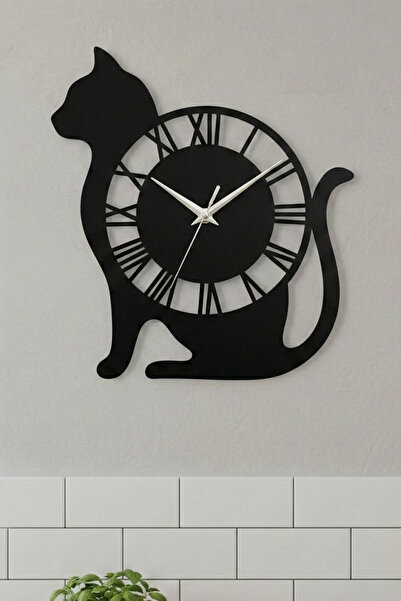KAŞIKBEY Ahşap Saat Siyah Kedi desenli duvar saat ev hediyelik dekoratif duva...