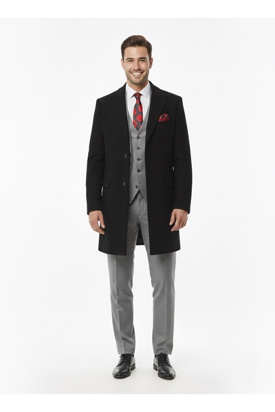 Presto Erkek Sivri Yaka Kaşe Kaban Siyah 5014