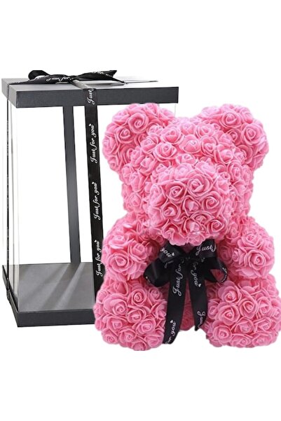 OEM Ursuleț de pluș din spumă cu trandafiri, roz și fundă, 35 cm, lucrat manual