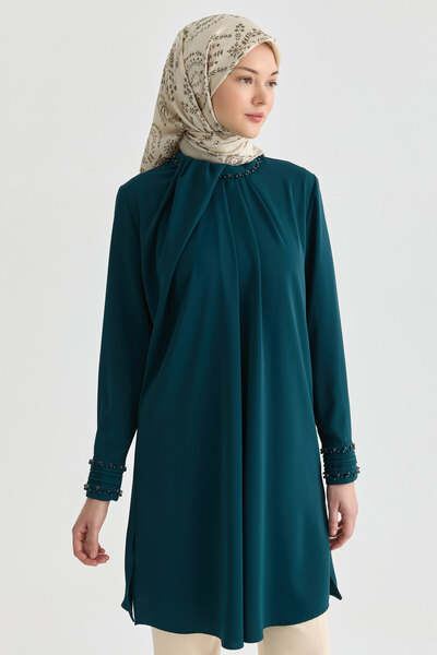 Tuğba İşlemeli Pileli Tunik - Petrol