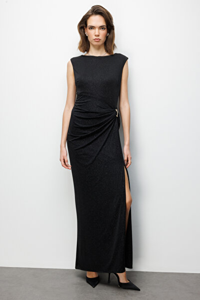 Ekol Beli Tokalı Yırtmaç Detaylı Simli Elbise