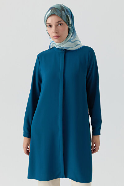 Tuğba Hakim Yaka Gizli Patlı Tunik - Petrol