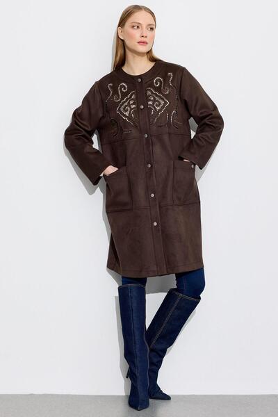 Tığ Triko Nakış Detaylı Süet Kap KAHVE