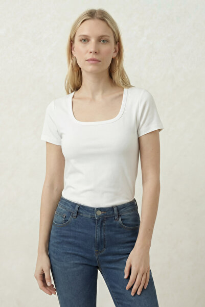 FHELIA Tricou de damă cu decolteu în formă de U, 100% bumbac, croială slim