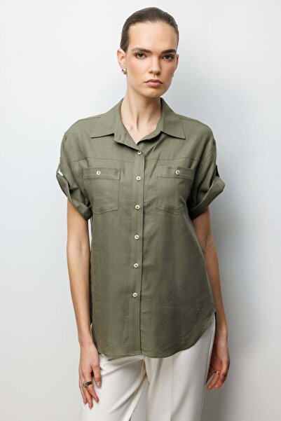 Ekol Kolu Katlamalı Keten Gömlek