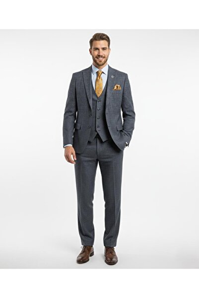 Presto Erkek Armürlü 6 Drop Kruvaze Yelekli Slim Takım Elbise Lacivert 777-200