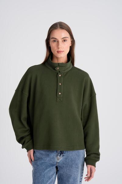 Beauty Omelette Haki Dik Yaka Oversize Sweatshirt