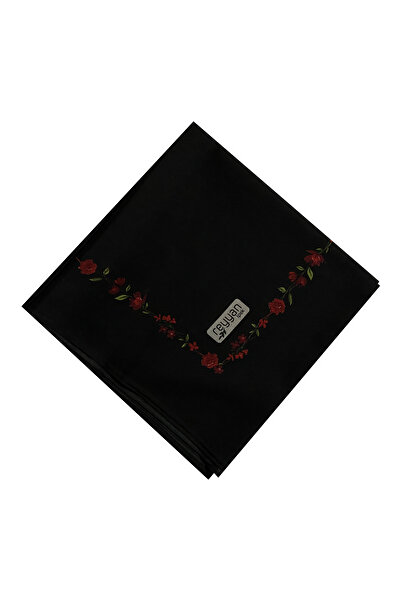 REYYAN İpek Kırmızı Kenar Çiçekli Siyah Yazma 100 cm