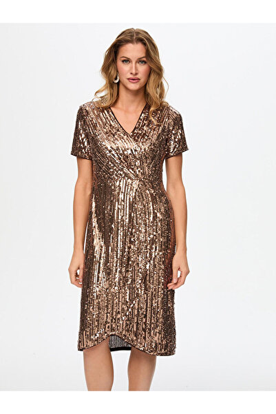 Faik Sönmez V Yaka Kısa Kol Payetli Abiye Elbise S26ABY010
