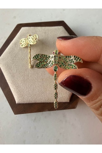 My Joyas Design 14K Altın Kaplama Yeşil Taşlı Yusufçuk Küpe Gold