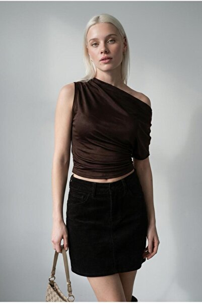 Madmext Bluză maro cu un singur umăr, croială modernă, elegantă, pentru femei...