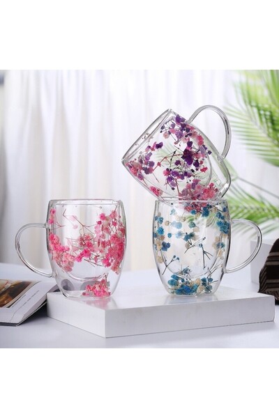 wei inox Mug with dried flowers, double wall, borosilicate glass, thermal ins...