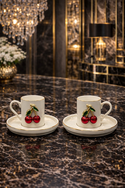YzHome 2 Person White Gilded Porcelain Phenomenon Cherry Coffee Cup Set Prese...