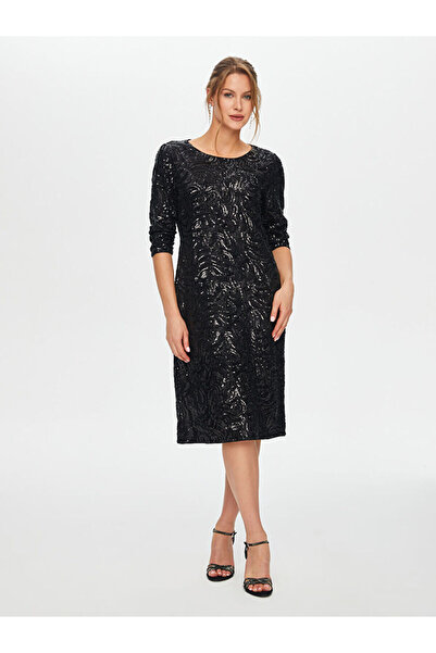Faik Sönmez Payetli Yuvarlak Yaka 3/4 Kol Abiye Elbise S26ABY008