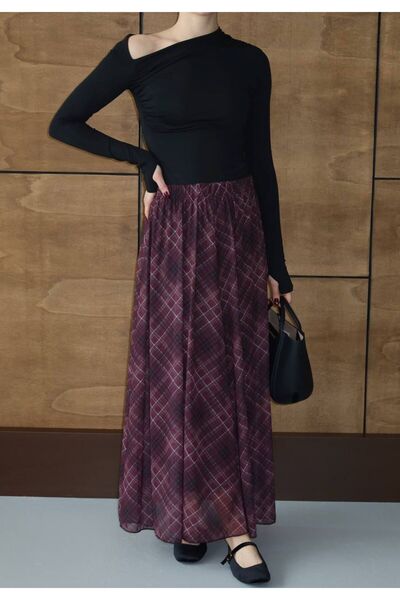 MAESTRO WOMAN Kadın Bordo Ekose Desenli Astarlı Uzun Tül Etek