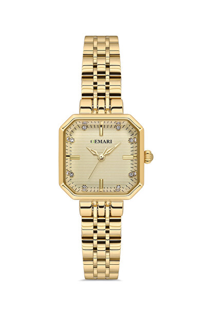 DEMARİ Women's Quartz Movement Wristwatch – Gold Strap, Striped Gold Dial, St...