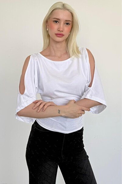 Madmext White Gathered Waist Bat Sleeve Open Shoulder Blouse Mg2672