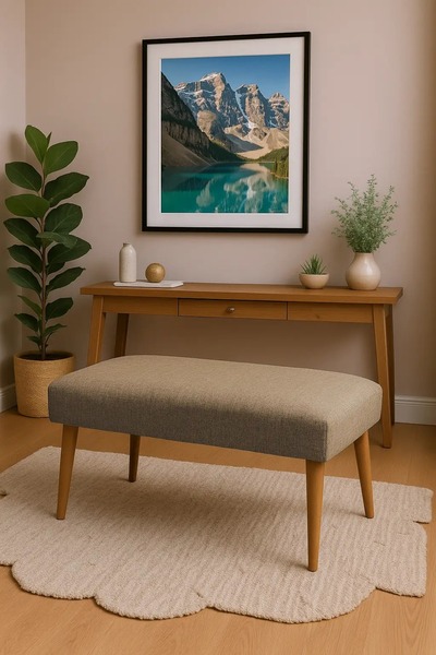 WATERYBROOK Bench Bank - Keten Kumaş - Ceviz Ahşap Ayaklı - 90x45 cm - Modern...