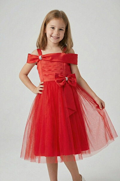 FATELLA Girl's Red Satin and Tulle Detailed Dress with Bow at the Waist, Puff...