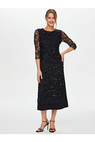 Faik Sönmez Payetli Dantel Garnili 3/4 Kol Abiye Elbise S26ABY002