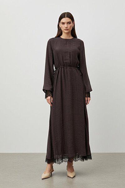 Soul Kadın Belden Bağlamalı Dantel Detaylı Uzun Elbise-32466ELB - BROWN