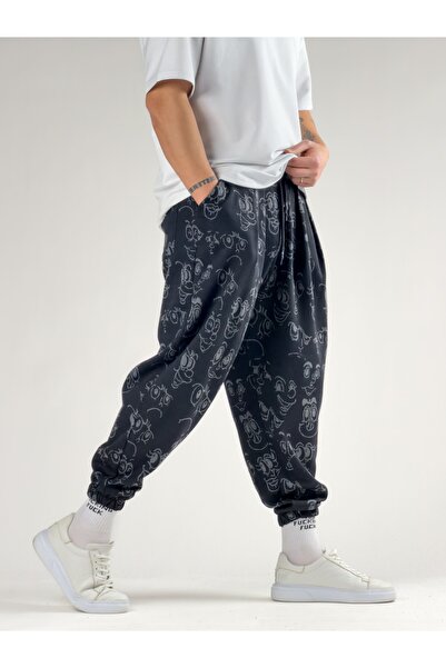 COCOPELLI Face Patterned Black Pleated Men's Jogger Pants Coc2778