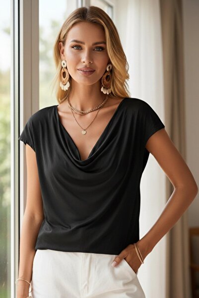 Mossta Degaje Collared Short Sleeve Flowy Viscose Blouse - Black