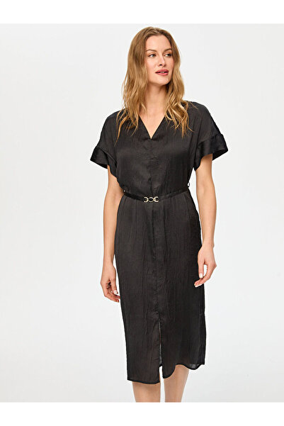 Faik Sönmez Kaçık Yaka Kısa Kol Krinkl Efektli Elbise S26ELB026