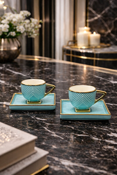 YzHome 2 PERSON PORCELAIN GOLD STARED SQUARE PLATE TURKISH COFFEE CUP SET SET
