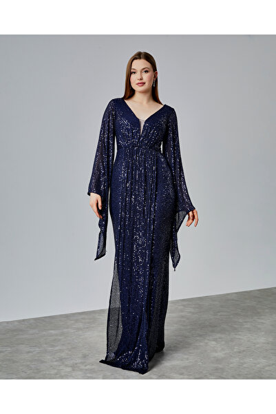 Asees Asimetrik Kollu Büzgü Detaylı Uzun Payet Abiye Elbise