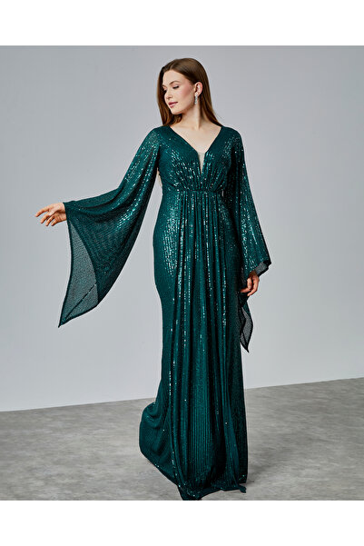 Asees Asimetrik Kollu Büzgü Detaylı Uzun Payet Abiye Elbise