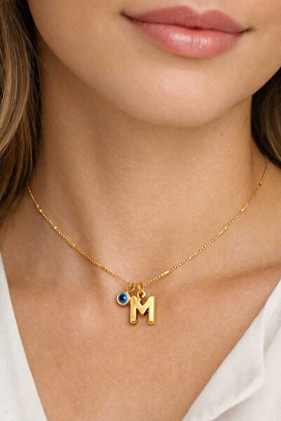 Bittox Kadın Altın Renk Harfli Nazar Boncuklu Paslanmaz Çelik Zincir Kolye