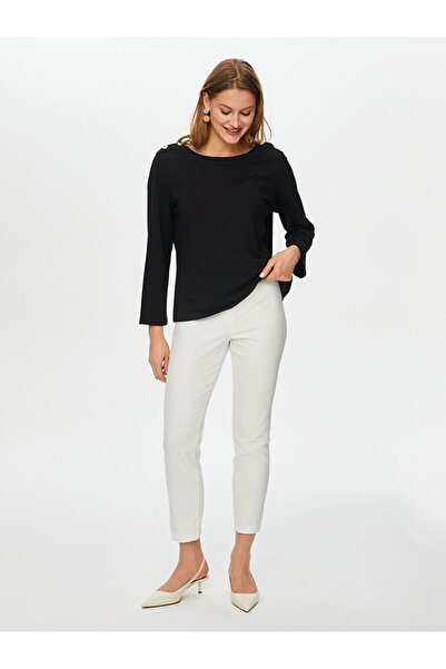 Faik Sönmez Omuzları Düğme Detaylı Uzun Kollu Kayık Yaka T-Shırt S26TSH069