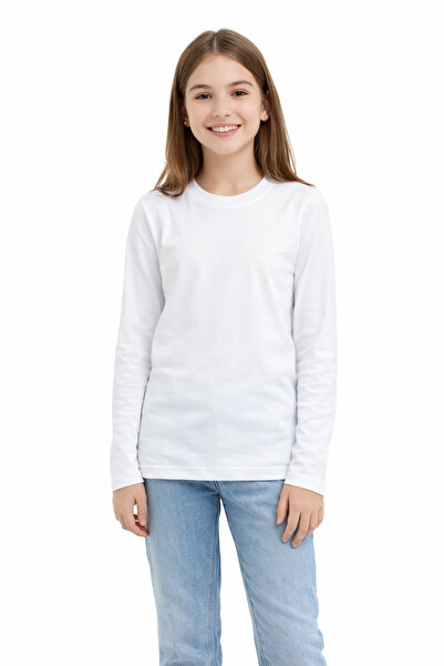 Bilge Trend White Long Sleeve Crew Neck Combed Cotton T-Shirt, School T-Shirt