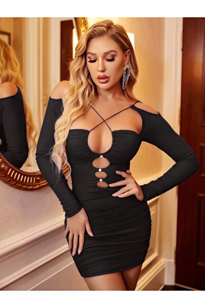 Bleu Petite Cross Strap Long Sleeve Detailed Mini Stylish Evening Dress