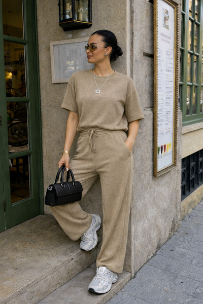 YAKAMEL Kadın Fitilli Esnek Bol Paça Beli Bağcıklı Eşofman takımı