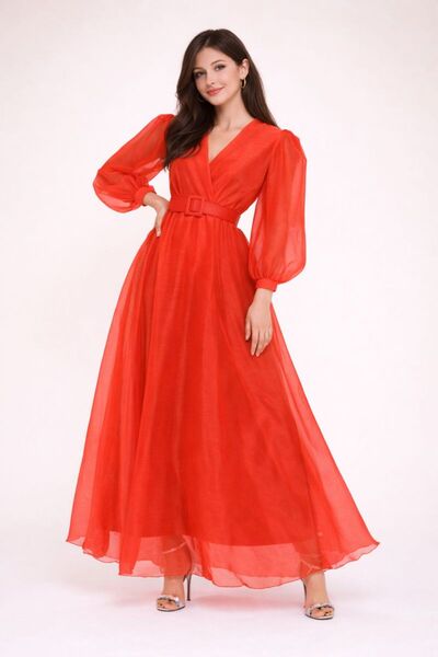 Kureyzibies Women's Belt Detailed Tulle V-Neck Evening Dress