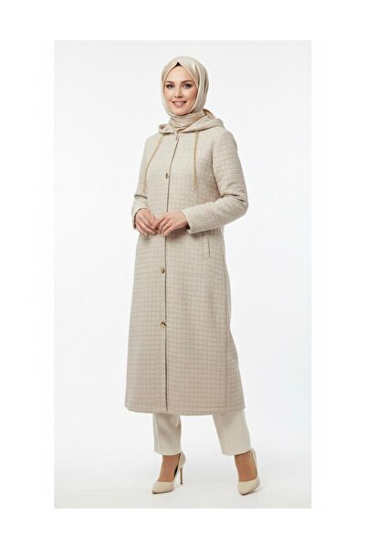 DESTİNO Krem Kadın Kapitone Kapşonlu Midi Boy Kap