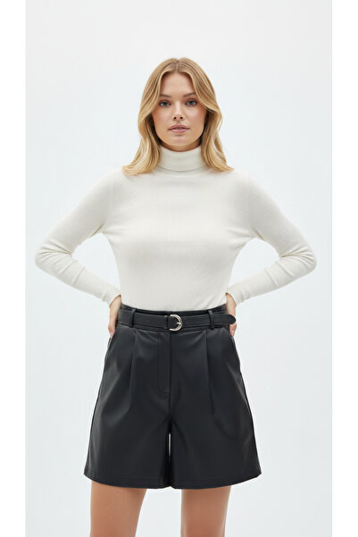 NEW JOURNAL Kadın Siyah Yüksek Bel Kemerli Suni Deri Şort NJ67