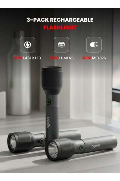 Ogera 3-Pack 30W Rechargeable LED Flashlight – 2000 Lumens, 3000m Long-Range,...