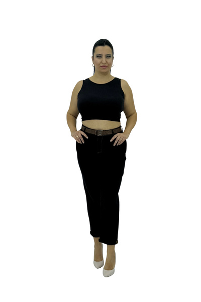 carmito Plus Size Women's High Waist Denim Belted Pipe Leg Pants