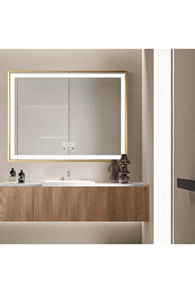 RFAN Oglindă LED dreptunghiulară 80×60 cm cu ramă aurie, senzor de mișcare, r...