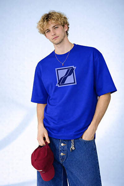 caddekombin Men's Abstract Fluid Line Design Crew Neck Saks Blue T-Shirt