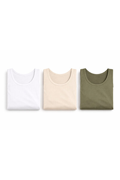 WE&ME Women's Wide Strap Round Neck Athlete Top 3-Pack (Khaki – Beige – White...