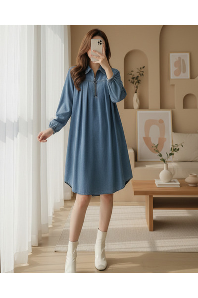 MissRunin Yarım Fermuarlı Kolu Lastikli Kot Tunik