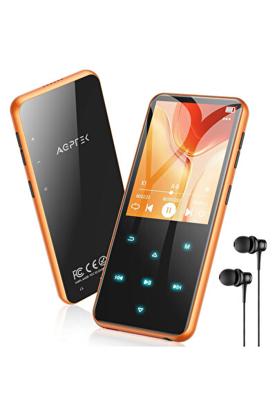 AGPTEK MP3 player 64 GB, Bluetooth 5.3, headset and USB Type C cable, orange