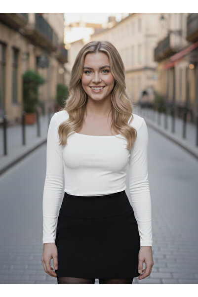 NEW JOURNAL بلوزة نسائية أساسية ذات ياقة على شكل حرف U وأكمام طويلة NJ73